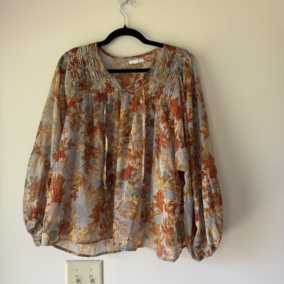Maurices Tops - Maurices Fall Leaf Floral Peasant Blouse XL Gold Metallic Stripe Balloon Sleeve